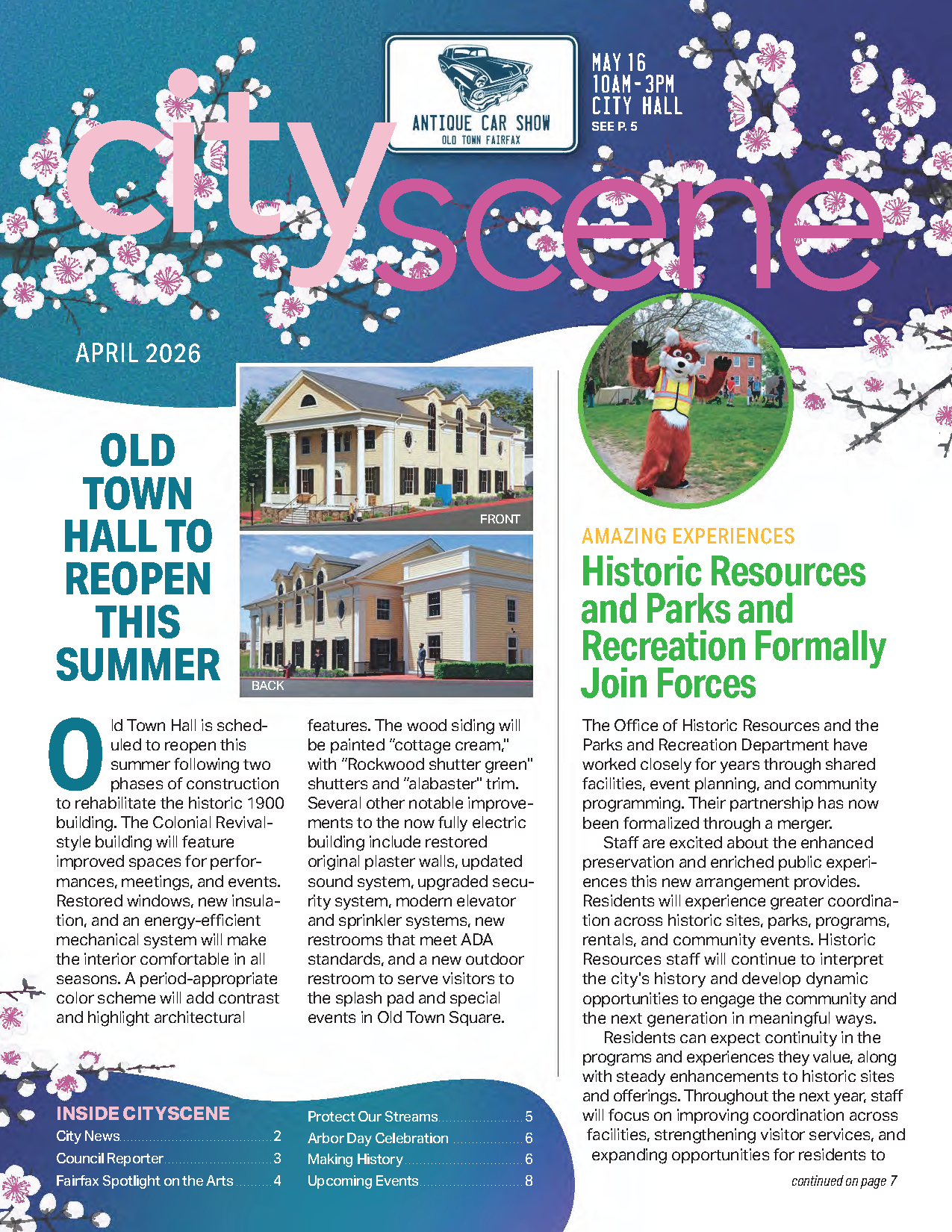 Cityscene front page with cherry blossoms and updates about old town hall