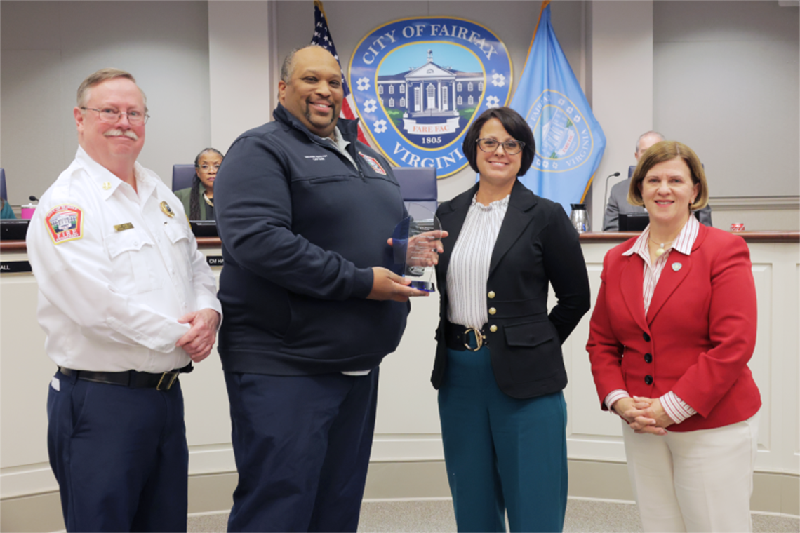 City of Fairfax Fire Department Chief John O’Neal; Captain Walter English, emergency management coordinator; Marcia Deppen, director, Consequence Management, Maryland Department of Emergency Management; and Mayor Catherine Read.  