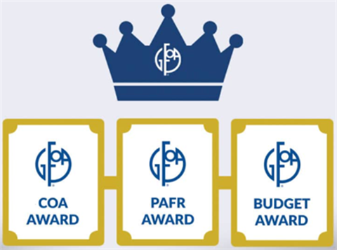 A blue crown with three cards underneath for COA, PAFR and Budget Awards