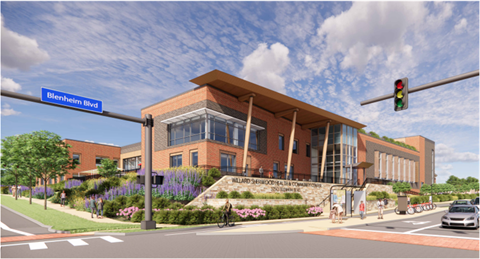 Rendering of the Willard-Sherwood Health and Community Center - a two story brick building with landscaped grounds