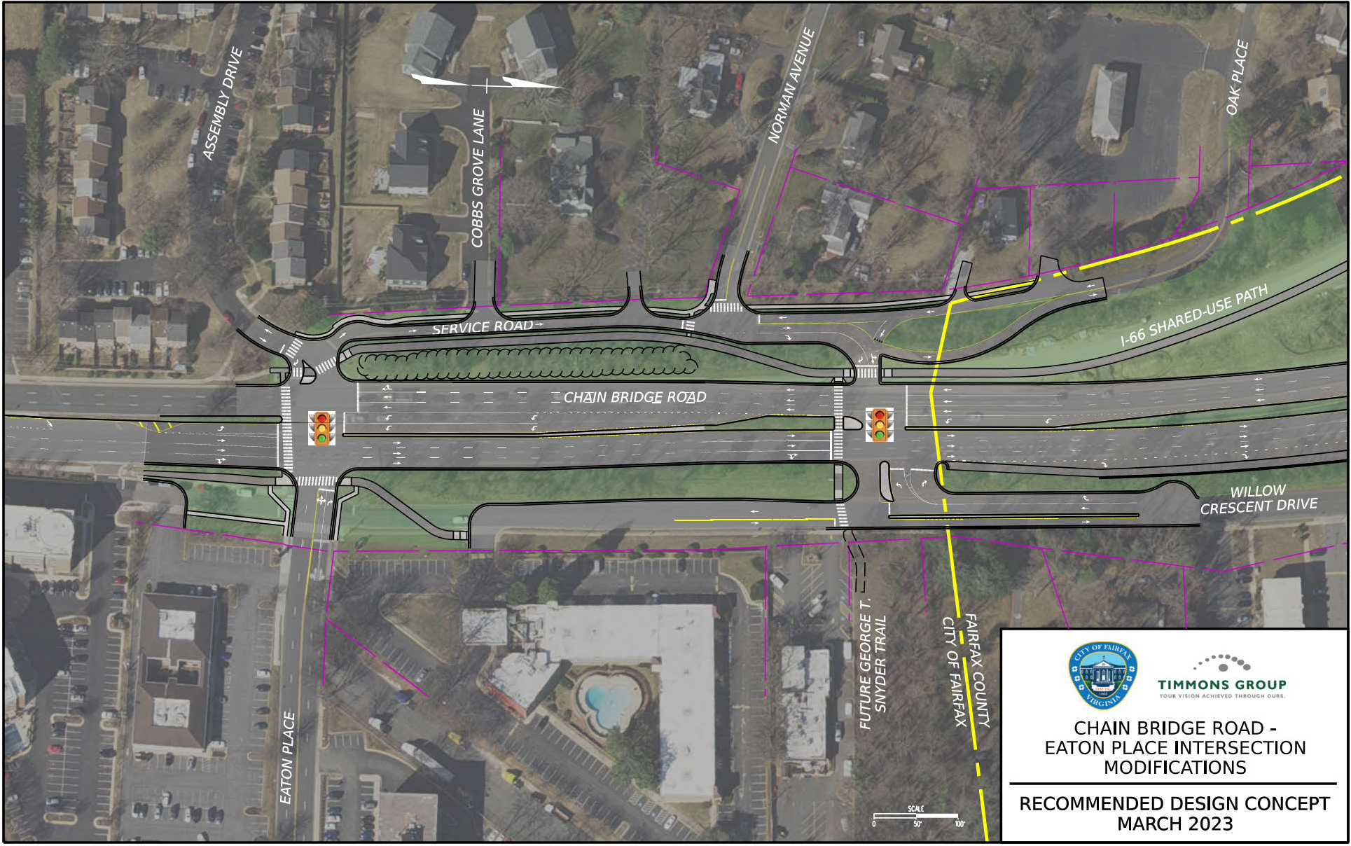 Aerial view of the recommended design concept for the Chain Bridge Road and Eaton Place intersection, showing the reconfigured approaches and signal locations. Design by Timmons Group, March 2023.
