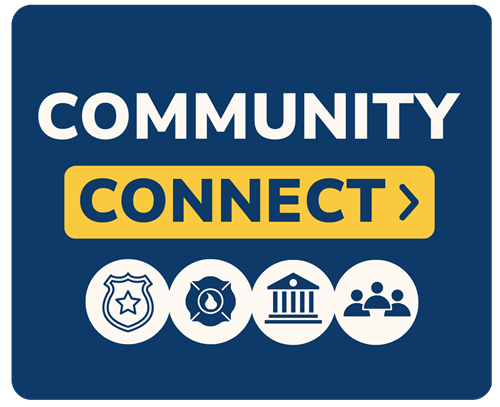 Community connect graphic with police, fire, city, and community icons.