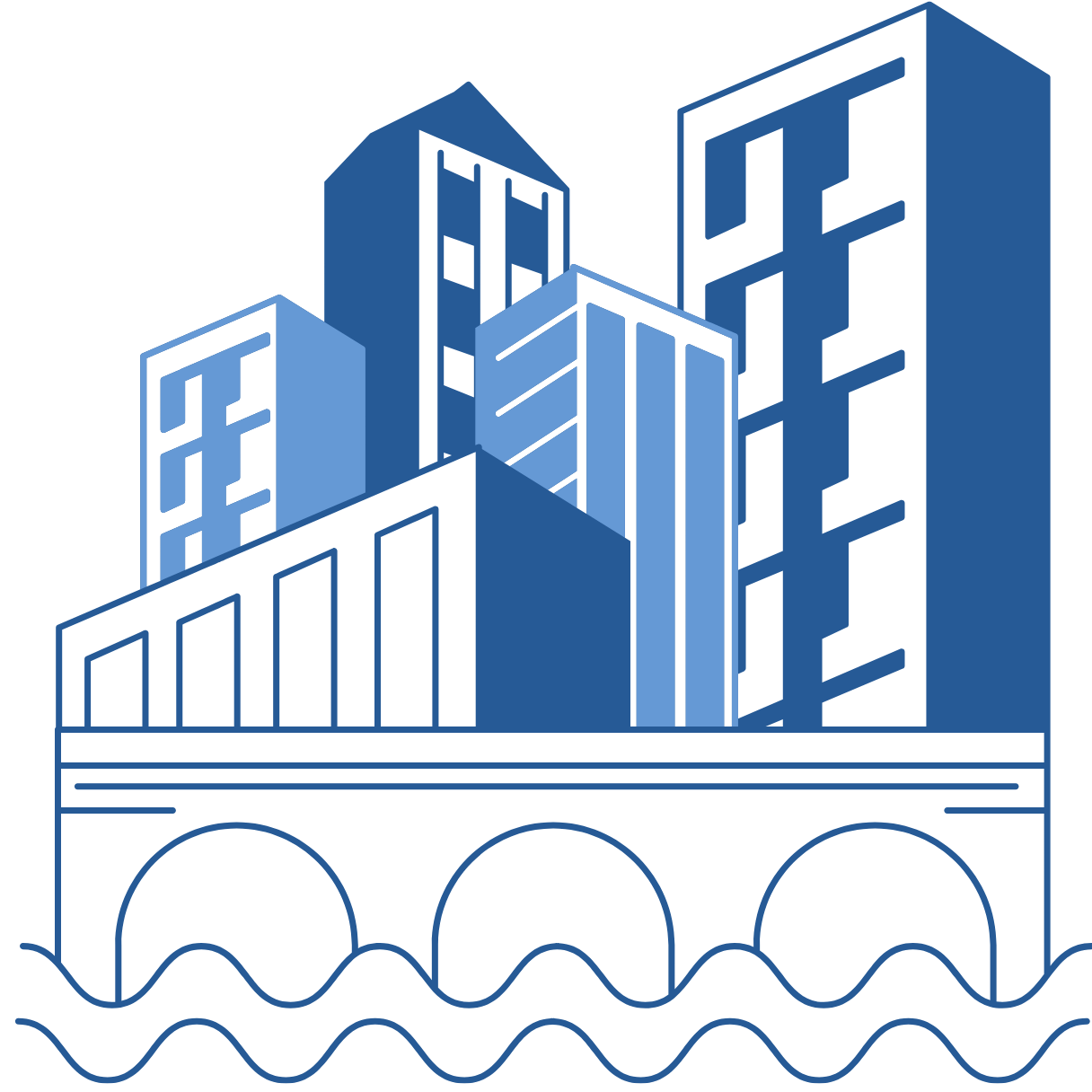 Blue and light blue apartment building outline