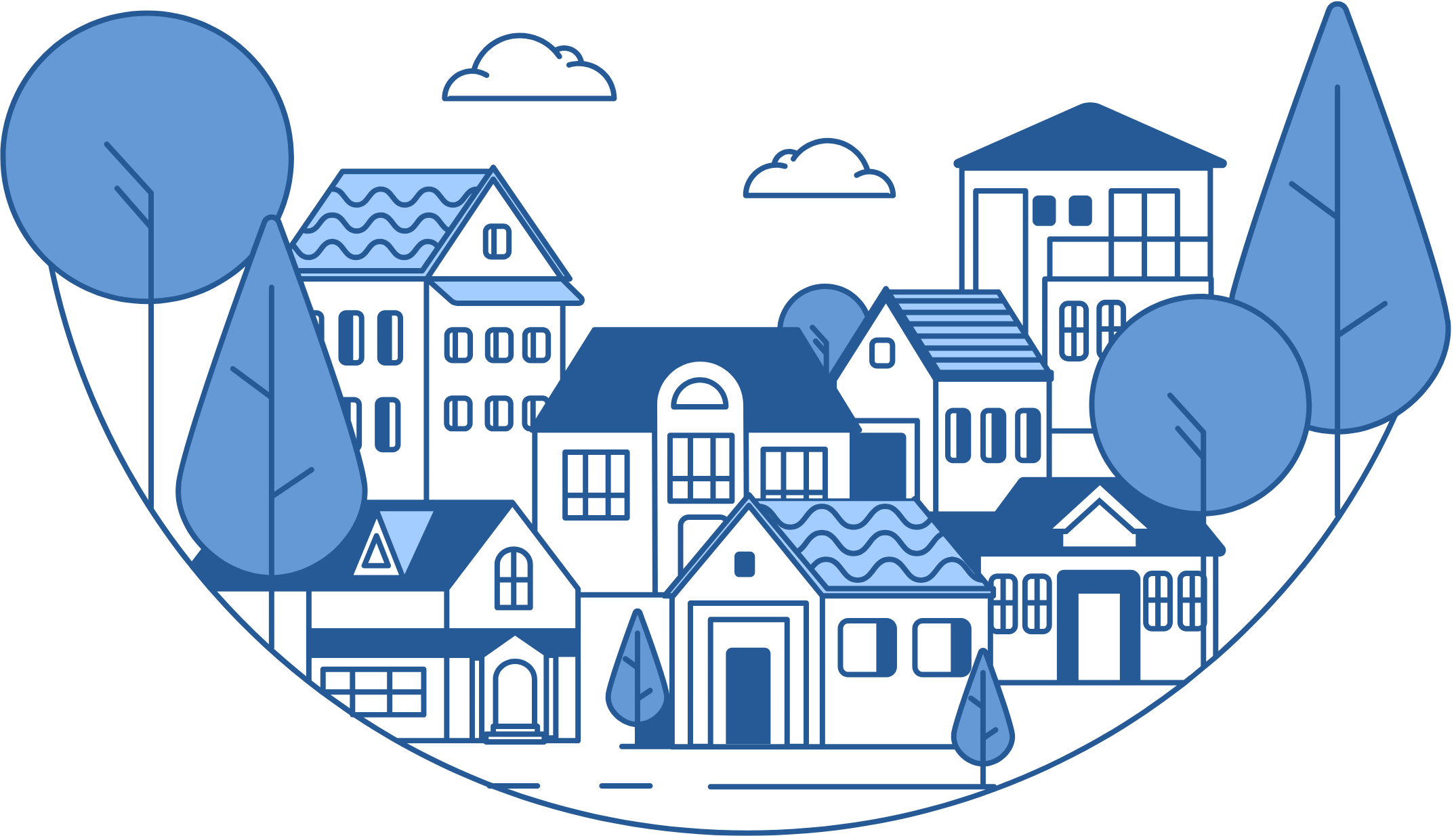 Outline graphic of blue and light blue houses surrounded by trees. 