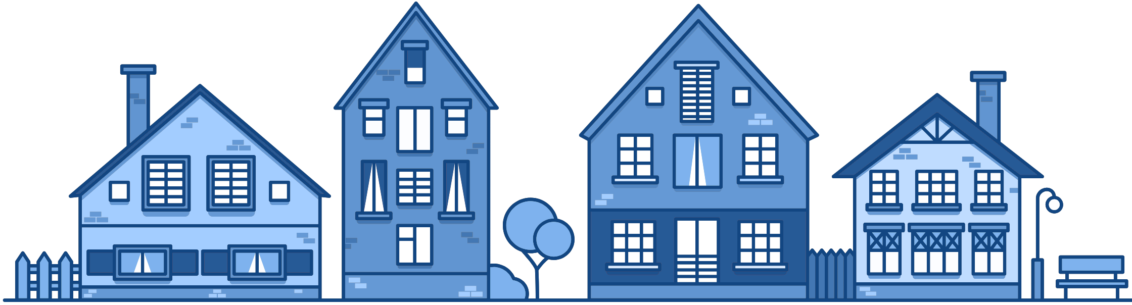 Blue and light blue illustration of houses in a row 