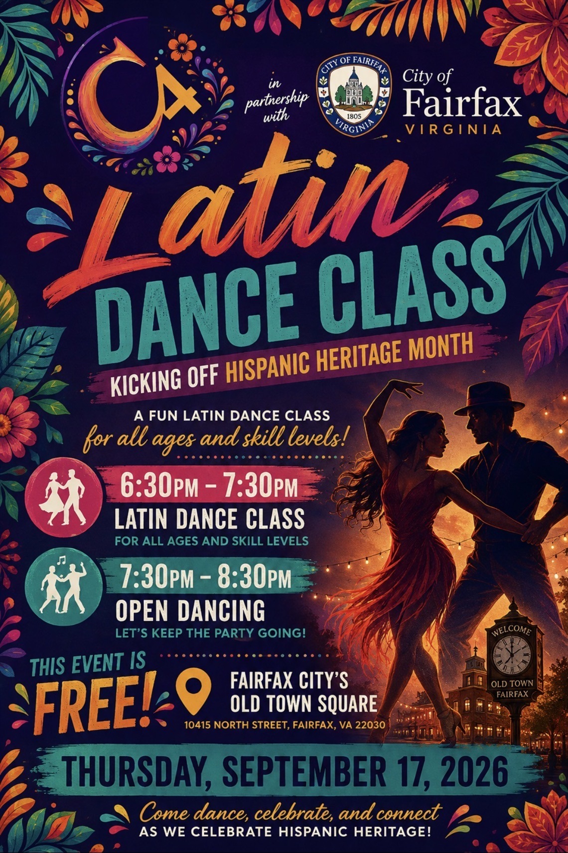 C4 Dance workshop information with two people dancing in a latin style in the background
