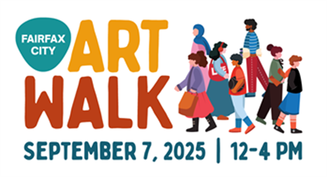 Fairfax City Art Walk September 7, 2025, 12 - 4 pm with a graphic of a variety of people walking in different directions