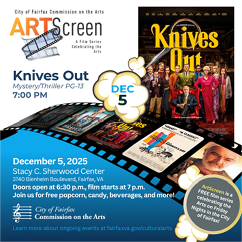 Art Screen event image with movie poster of Knives Out.