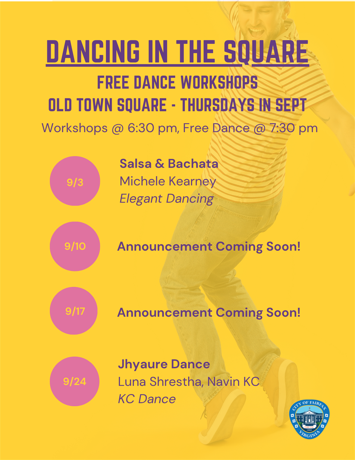 dancing in the square schedule with dancer in the background