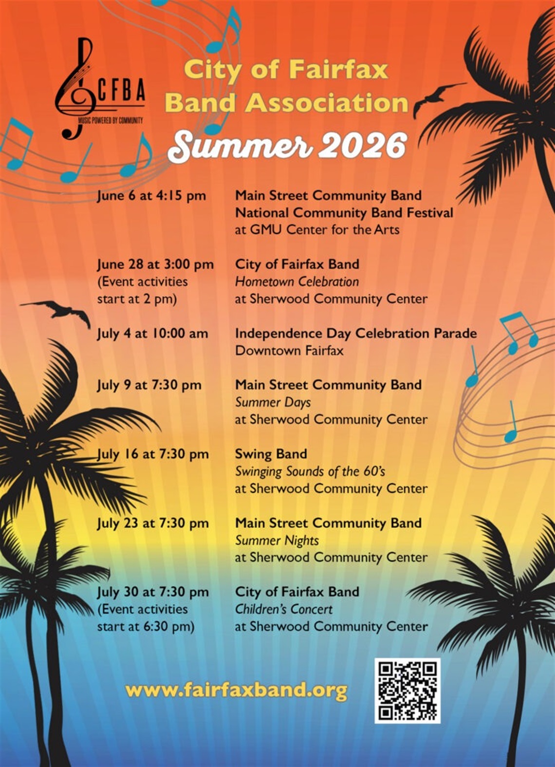 City of Fairfax Band Association Schedule with palm trees and music notes in the background