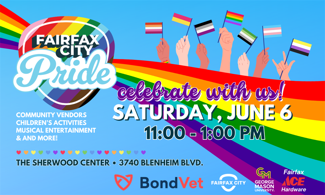 The Fairfax City Pride logo and event information with a rainbow and pride flags in the background.