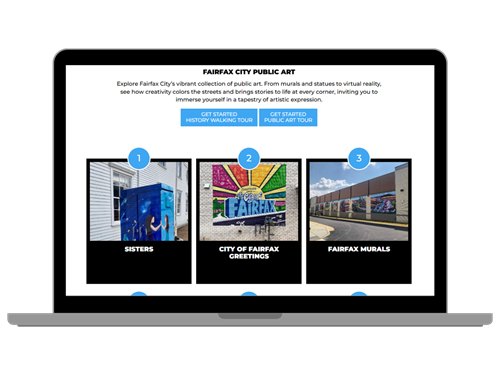 Laptop screen displaying a virtual tour of Fairfax City Public Art