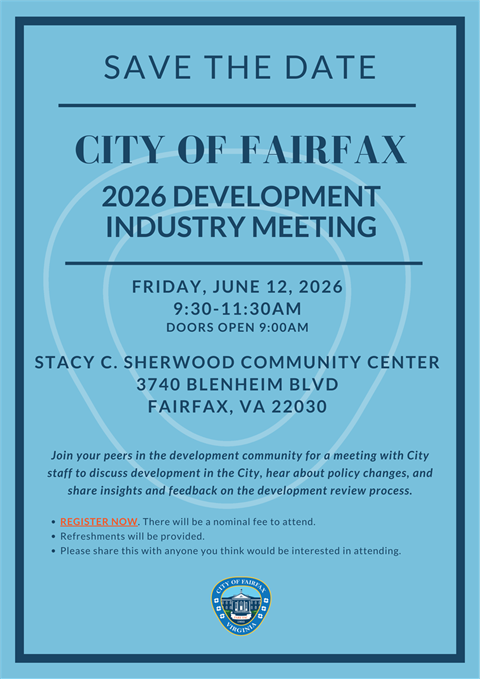 Save the date flyer for 2026 Development Industry meeting on June 12, 2026 from 9:30-11:30 a.m. at Stacy C. Sherwood Community Center, Fairfax,VA 22030.