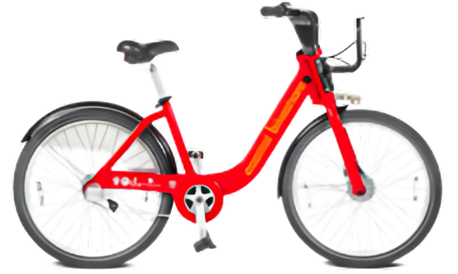 Red capital bikeshare bicycle with black wheels