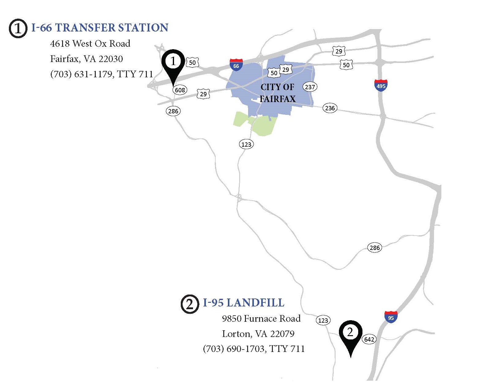 Map that shows the location of the I-66 transfer station and I-95 landfill