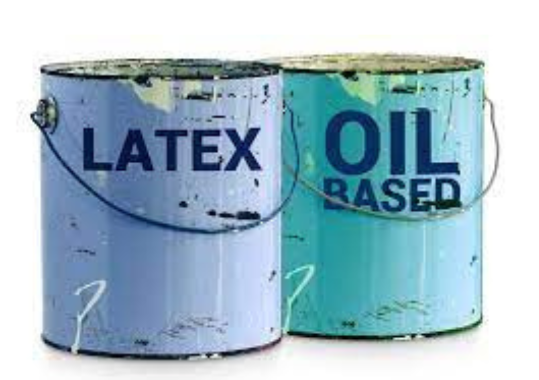 Paint cans labeled with "latex" and "oil based"