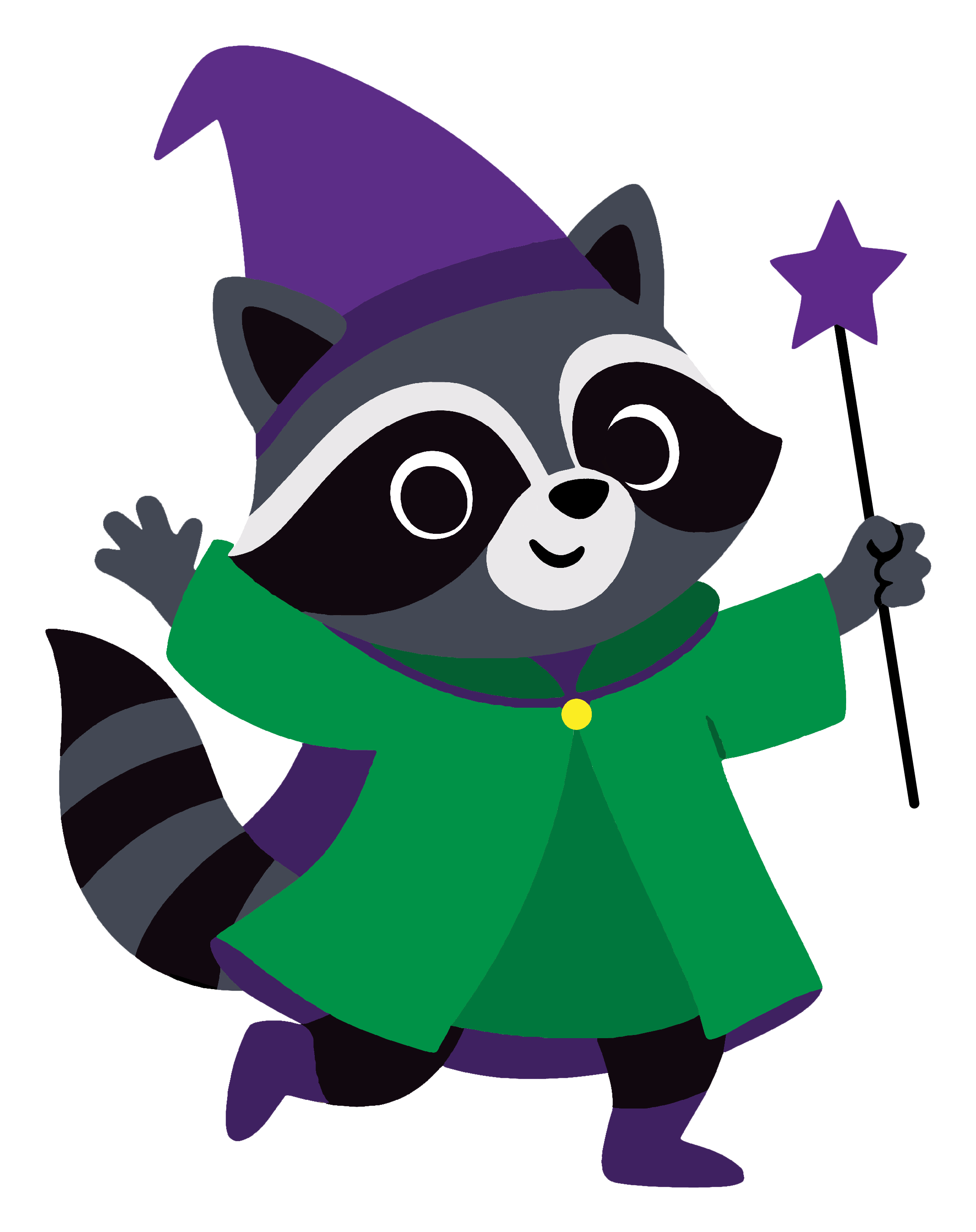 Black and white racoon in green magician coat with purple hat and purple wand.