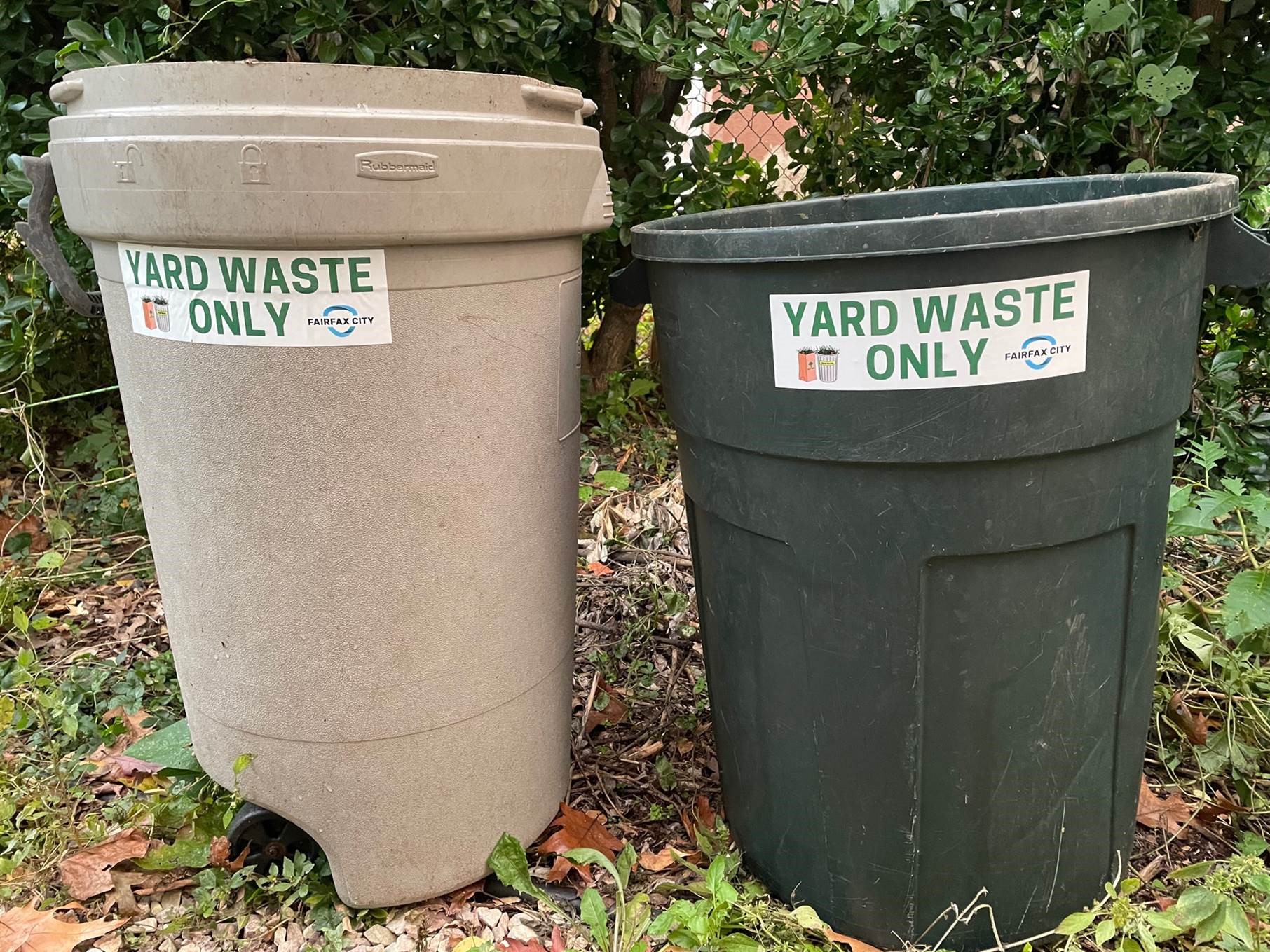 Yard waste only stickers on bins