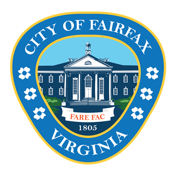 City of Fairfax, Virginia seal featuring a historic white building with the words 'Fare Fac' and the year 1805