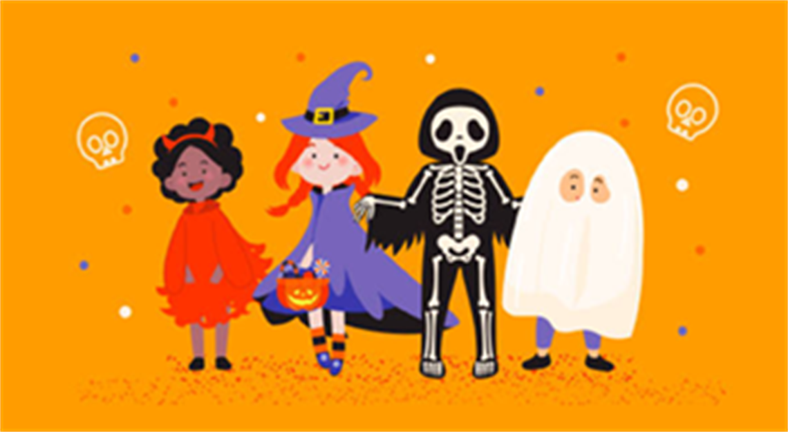 children trick or treating in costumes as pumpkin, witch, skeleton, ghost