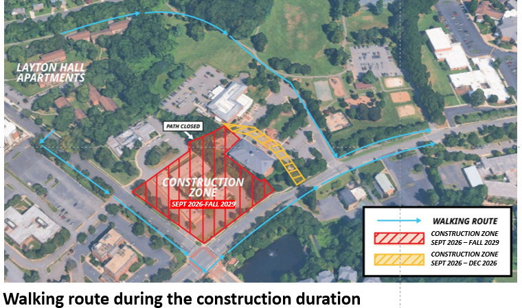 Map showing alternative walking routes from Layton Hall Apartments to nearby schools, with the Willard-Sherwood construction zone marked in red and a secondary construction zone marked in yellow.