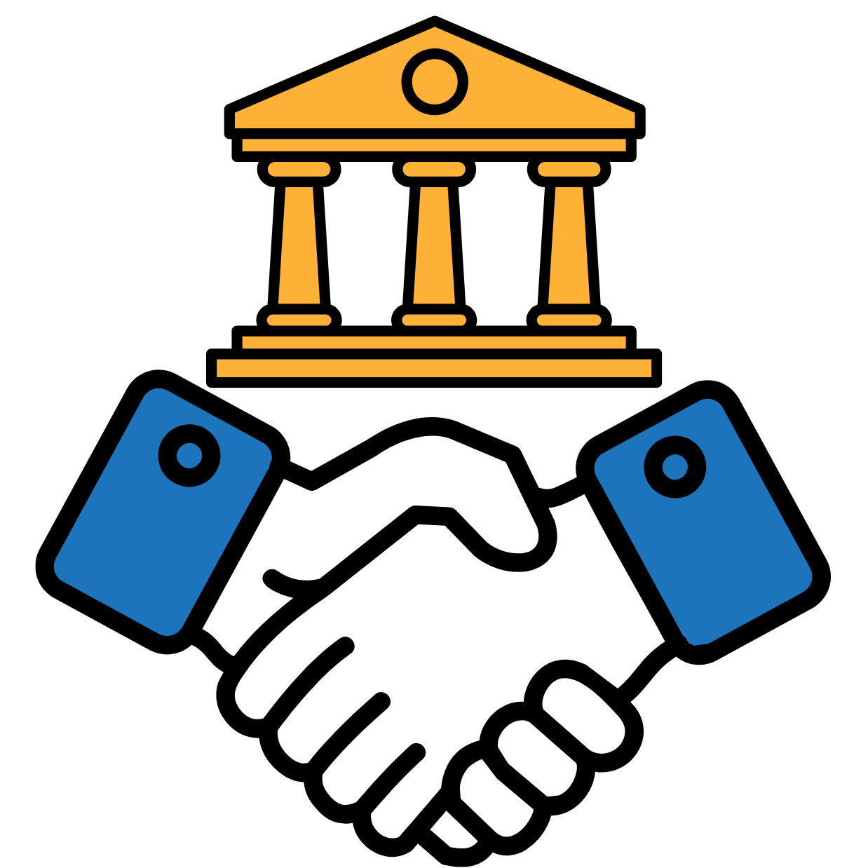 handshaking with government building in back