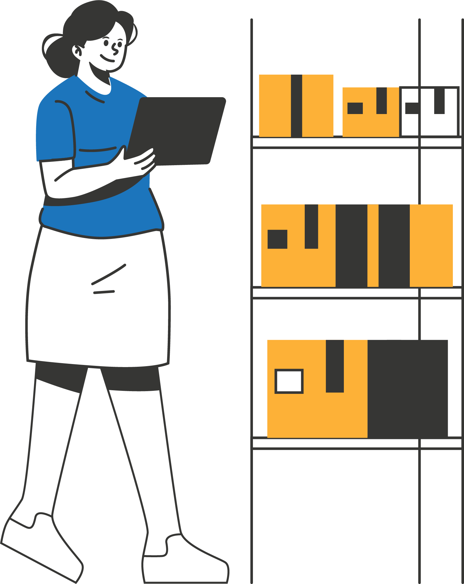 woman with clipboard next to a shelf with boxes