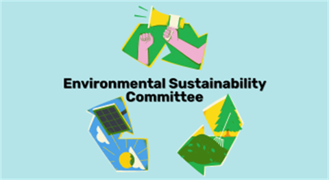 Environmental Sustainability Committee logo with illustrated arms holding a megaphone, solar panel, tree, and recycling symbol